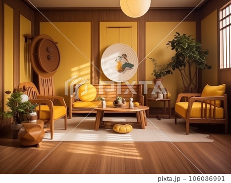 Yellow Japanese style living room with wooden decoration. Generative AI 106086991