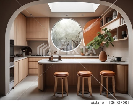 Contemporary wooden dining room and kitchen. Generative AI 106087001