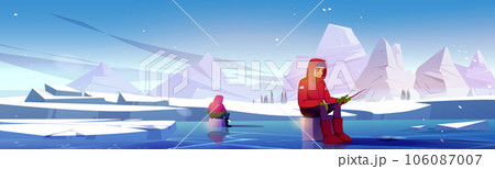 Male fisher sitting on frozen lake with rod 106087007