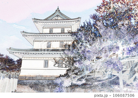 パステル調 ”春の松前城 北海道” イラストイメージ春の松前城 北海道 パステル調 ”春の松前城 北海道” イラストイメージ春の松前城 北海道 106087506