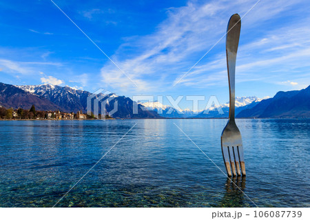 Fork of Vevey is a 8 metre stainless steel fork in water of Lake Geneva in Vevey, Switzerland 106087739