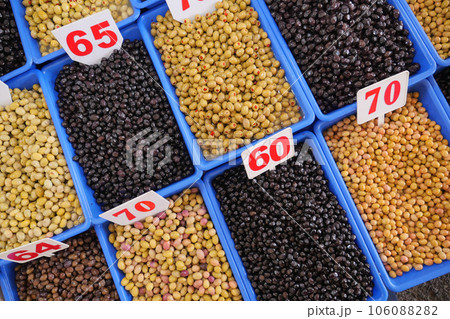 Buckets of olives for sale street food market Buckets of olives for sale street food market 106088282
