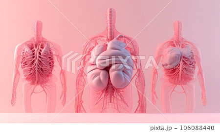 3D illustration mockup of the human organ system, Anatomy, Nervous, circulatory, digestive, excretory, urinary,and bone systems. Medical education concept, Generative AI illustration 106088440