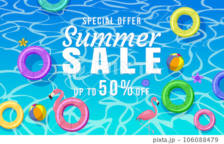 Summer Sale background banner template. Swimming tiled pool, blue water ocean, float swim rings, tropical, top view Summer Sale background banner template. Swimming tiled pool, blue water ocean, float swim rings, tropical, top view 106088479