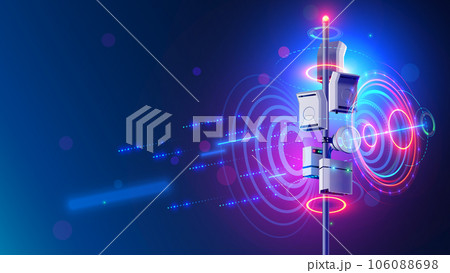 5g mobile internet communication tower. Wireless broadband antenna transmit telecommunication signal. 5g antenna network. 5g communication tower broadcast mobile signal. Communication technology. 5g mobile internet communication tower. Wireless broadband antenna transmit telecommunication signal. 5g antenna network. 5g communication tower broadcast mobile signal. Communication technology. 106088698