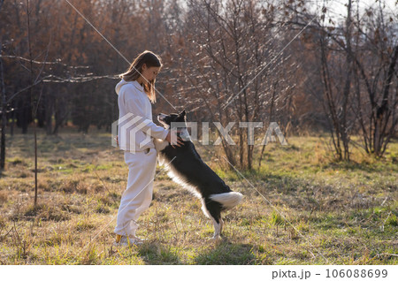 Caucasian woman hugging her dog Border Collie while sitting on a bench in autumn park. Caucasian woman hugging her dog Border Collie while sitting on a bench in autumn park. 106088699