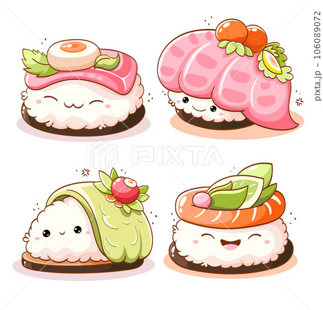 Set of cute sushi and rolls in kawaii style with smiling faces. Japanese traditional cuisine dishes. Can be used for t-shirt print, sticker, greeting card, menu design Set of cute sushi and rolls in kawaii style with smiling faces. Japanese traditional cuisine dishes. Can be used for t-shirt print, sticker, greeting card, menu design 106089072