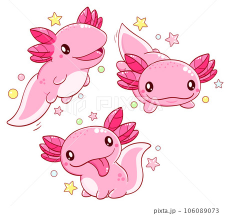 Set of cute axolotl in kawaii style. Collection of lovely axolotl baby in different poses. Can be used for t-shirt print, sticker, greeting card design Set of cute axolotl in kawaii style. Collection of lovely axolotl baby in different poses. Can be used for t-shirt print, sticker, greeting card design 106089073