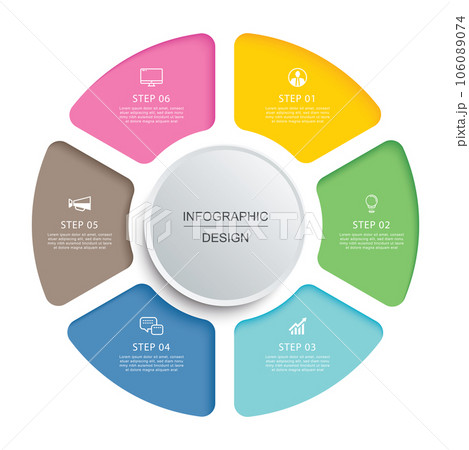 Infographics circle timeline with 6 number data template. Vector illustration abstract background. Infographics circle timeline with 6 number data template. Vector illustration abstract background. 106089074
