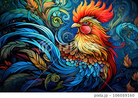 Image of rooster with beautiful patterns and colors., Farm animals., Generative AI, Illustration. 106089160