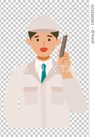 Illustration of a man in work clothes speaking on a smartphone Illustration of a man in work clothes speaking on a smartphone 106089328
