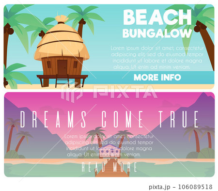 Beach bungalow hotel or resort banners set, flat vector illustration. 106089518