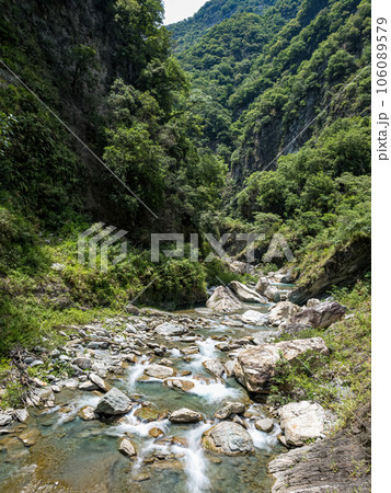 Mountain river. River. Flow. Stones. Rocks. Nature. Water. River view. Green. Mountain. Plants. 106089579