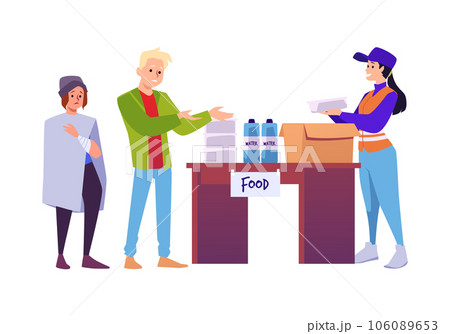 Volunteer activist giving food and water to the needy, vector cartoon humanitarian help and support for sufferer people 106089653