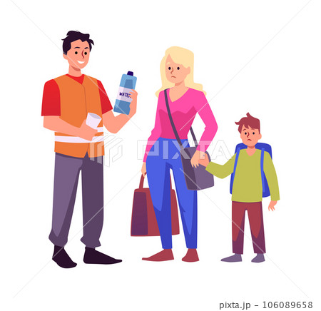 Volunteer activist giving food and water to the needy woman with child, vector cartoon humanitarian help sufferer people 106089658