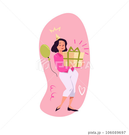 Excited woman holding gift box with bow, holiday surprise, birthday celebration, prize cartoon vector illustration Excited woman holding gift box with bow, holiday surprise, birthday celebration, prize cartoon vector illustration 106089697
