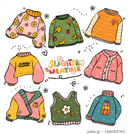 Cute Autumn cosy sweater Autumn Doodle cartoon drawing Illustration 106089764
