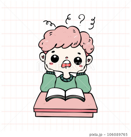 A cute student boy experiencing stress and confusion in classroom, colorful and playful doodle cartoon character illustration hand drawing. Perfect for educational projects and creative designs. 106089765
