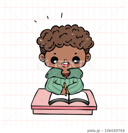 Cute Student Boy Concentrating on Study in Colorful Classroom Cartoon Illustration 106089768