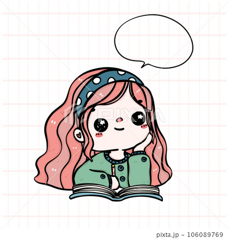 A cute cheerful student girl lost in dreams in a classroom. Colorful and playful character illustration doodle hand drawing. 106089769