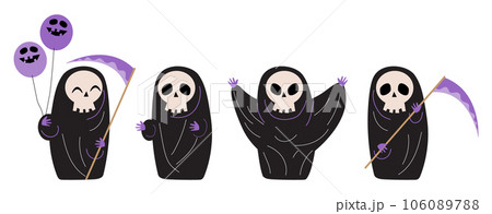 Set of cute Grim reaper . Halloween cartoon characters . Doodle drawing style . Vector. 106089788