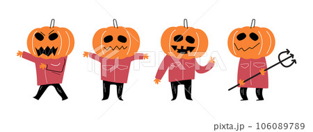 Set of cute Scarecrow with Pumpkin head . Halloween cartoon characters . Doodle drawing style . Vector. 106089789