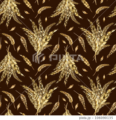 Wheat ear bunch watercolor seamless pattern isolated on black background. Spikelet of rye, barley, grains hand drawn. Design element for textile, paper, packaging, label grocery, bakery, wrapping 106090135