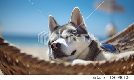 A beautiful Siberian husky dog sleeping in the hammock on the tropical beach in summer afternoon, pet and travel concept. Generative AI 106090180