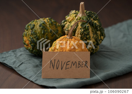 decorative pumpkins on walnut wood table with november paper card decorative pumpkins on walnut wood table with november paper card 106090267