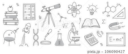 Doodle science, education school icon. Hand drawn sketch style doodle science background. School chemistry, physics education, biology concept icon. Hand drawn line vector 106090427
