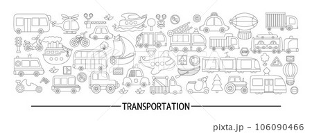 Vector black and white transportation horizontal set with different kinds of transport. Line road trip card template or frame design for banners, invitations. Cute illustration, coloring page with Vector black and white transportation horizontal set with different kinds of transport. Line road trip card template or frame design for banners, invitations. Cute illustration, coloring page with 106090466