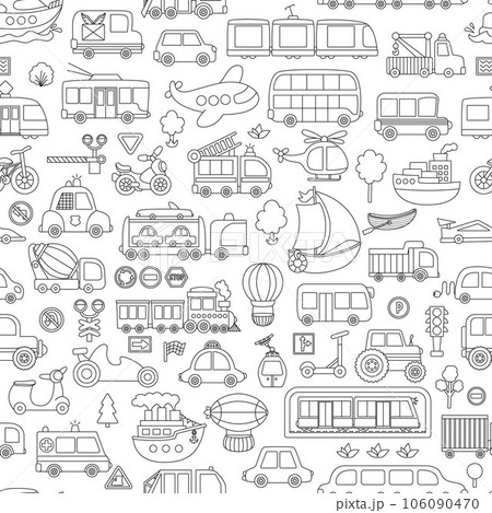 Vector black and white transportation seamless pattern. Funny line water, land, air underground transport repeat background for kids. Cars and vehicles digital paper. Cute coloring page Vector black and white transportation seamless pattern. Funny line water, land, air underground transport repeat background for kids. Cars and vehicles digital paper. Cute coloring page 106090470