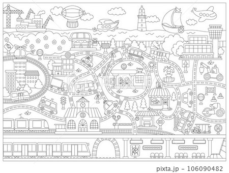 City black and white transport map. Line background with land, underground, water and air transport. Vector infographics with train, cars, tram, truck. Urban coloring page with airport, metro for 106090482