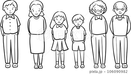お爺さんとお婆さんとお母さんとお父さんと子供達の家族の線画イラスト 106090982