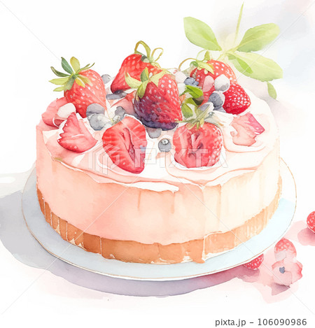 水彩で描いたいちごの乗った苺のケーキのイラスト Generative AIの