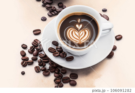 水彩で描いたコーヒー豆とコーヒーカップのイラスト Generative AI 106091282