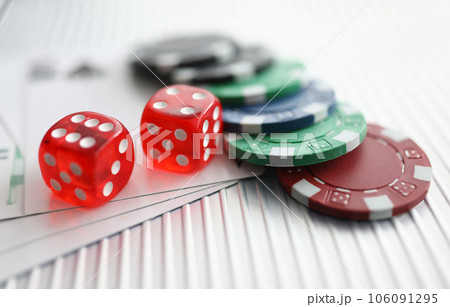 Close up on table are dice chips playing cards Close up on table are dice chips playing cards 106091295
