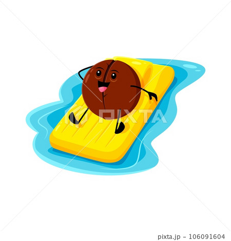 Cartoon cheerful macadamia nut character blissfully lounges on an inflatable mattress during a summer vacation. Isolated vector kernel personage soaking up the sun and enjoying the ultimate relaxation 106091604