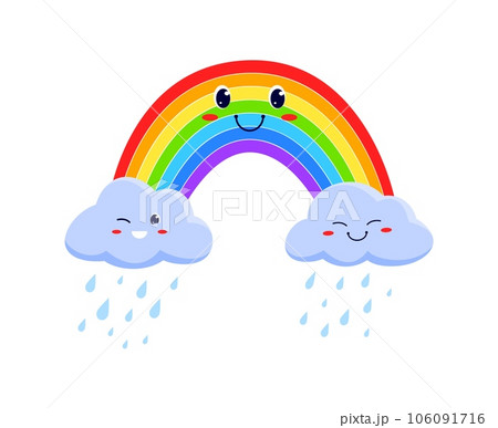 Funny rainbow and rainy clouds, cartoon characters. Vector colorful emoticon for weather forecast, kawaii emoji of weather at rain Funny rainbow and rainy clouds, cartoon characters. Vector colorful emoticon for weather forecast, kawaii emoji of weather at rain 106091716