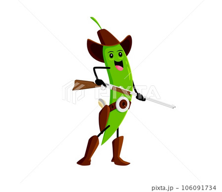 Cartoon green pea vegetable wild west ranger character. Isolated vector tough cowboy with a gun, exuding an air of resilience and determination. Ready to take on any challenge that comes his way 106091734