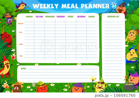 Weekly meal planner. Cartoon Halloween fruit wizards and mages. Diet menu weekly journal, food daily vector timetable with mango, plum, orange, pineapple and guava, lemon sorcerer cute personages Weekly meal planner. Cartoon Halloween fruit wizards and mages. Diet menu weekly journal, food daily vector timetable with mango, plum, orange, pineapple and guava, lemon sorcerer cute personages 106091760