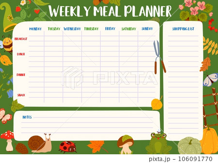 Weekly meal planner with autumn leaves, animals, plants and garden tools. Diet menu daily schedule or organizer, cooking weekly vector timetable with forest leaves, mushroom, garden berry and insects Weekly meal planner with autumn leaves, animals, plants and garden tools. Diet menu daily schedule or organizer, cooking weekly vector timetable with forest leaves, mushroom, garden berry and insects 106091770