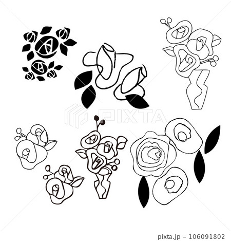 手描きのベクトルセット。ラインの花、葉。アートフラワー要素 手描きのベクトルセット。ラインの花、葉。アートフラワー要素 106091802