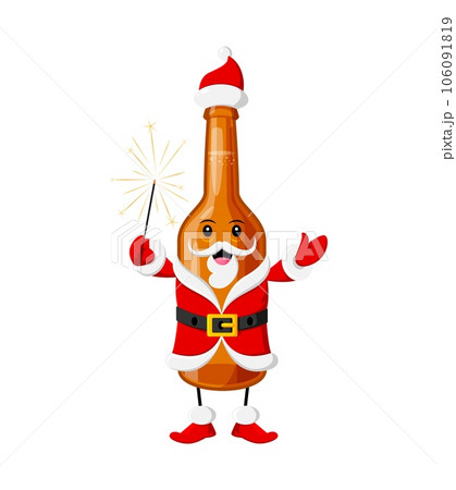 Cartoon Christmas tex mex mexican mezcal drink character in a Santa Claus costume holds burning sparkler. Vector festive bottle Noel personage bringing a spirited vibe to Xmas or New Year celebration 106091819