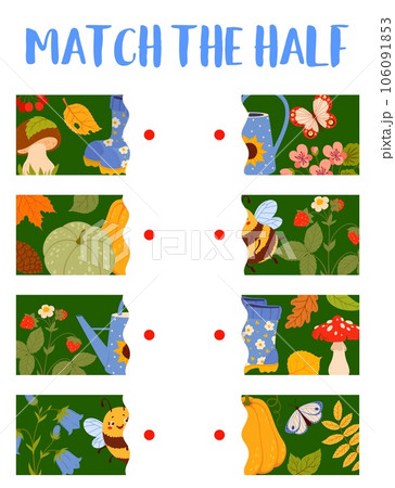 Match the half of autumn leaves, animals, plants and garden tools. Objects parts matching playing activity vector worksheet with mushroom, watering can, bumblebee, garden strawberry and rubber boots 106091853