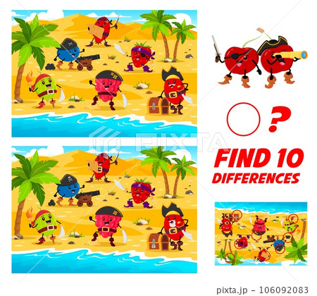 Find differences between berry pirates and corsairs characters. Vector riddle game for kids with cartoon blueberry, gooseberry, rose hip and raspberry with barberry characters on treasure island 106092083