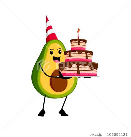 Cartoon funny mexican avocado character with holiday pie, wearing a party hat. Playful and delightful vector tropical fruit personage celebrating birthday or special occasion and bringing joy to event 106092121