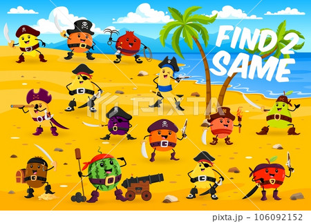 Find two same cartoon fruit pirates and corsairs characters game. Kids puzzle quiz vector worksheet with pirate treasure island background. Cute mango, apple, orange and banana corsairs personages 106092152