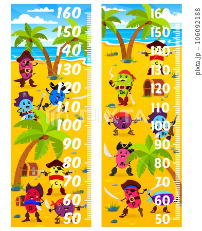 Kids height chart. Cartoon vitamin pirates and corsairs on tropical island. Children growth vector meter or ruler with N, B2, A and D, P, C vitamin corsairs cheerful personages on treasure island 106092188