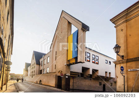 Vilnius, Lithuania - 13 06 2023 Ignoto street, an unusual building with a large Ukrainian flag Vilnius, Lithuania - 13 06 2023 Ignoto street, an unusual building with a large Ukrainian flag 106092203